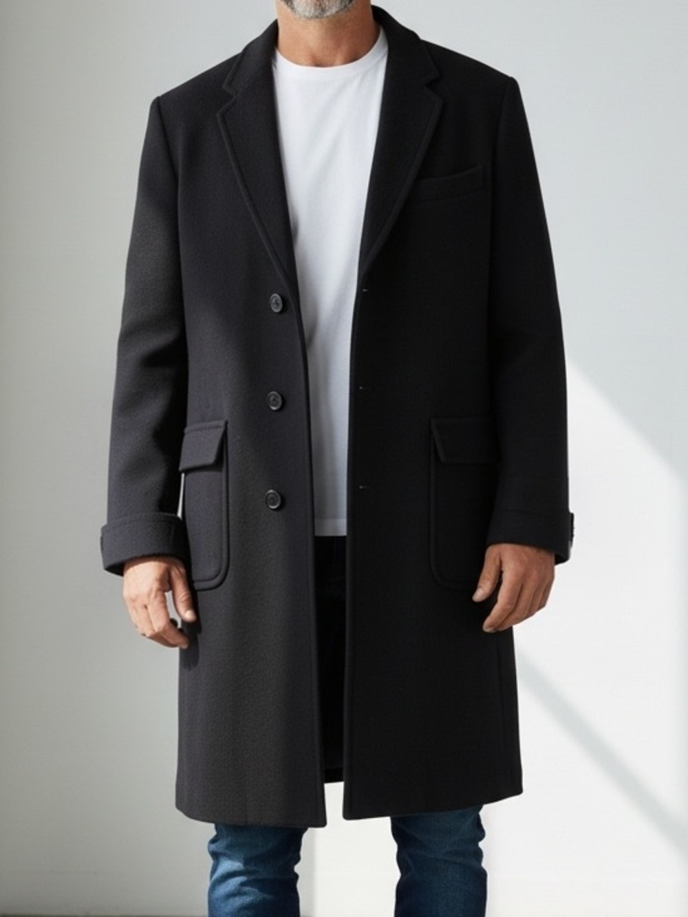 Vintage Park Lane Men's Black Wool Blend Pea Coat with Notch Lapel